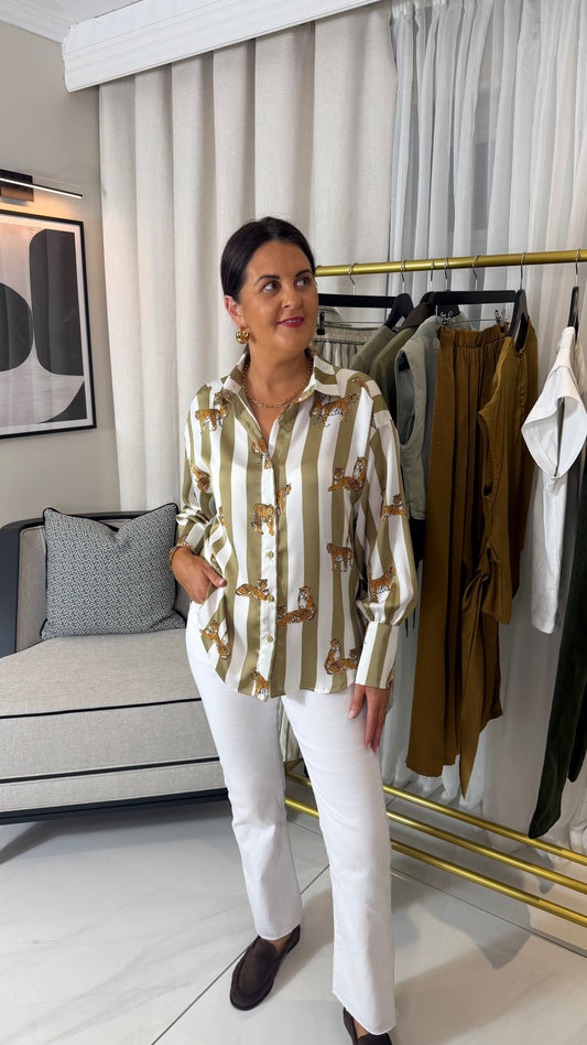 Green Striped Tiger Print Satin Shirt