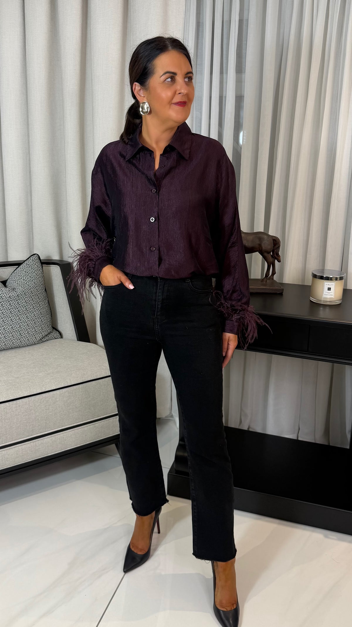 Aubergine Textured Satin Feather Trim Shirt