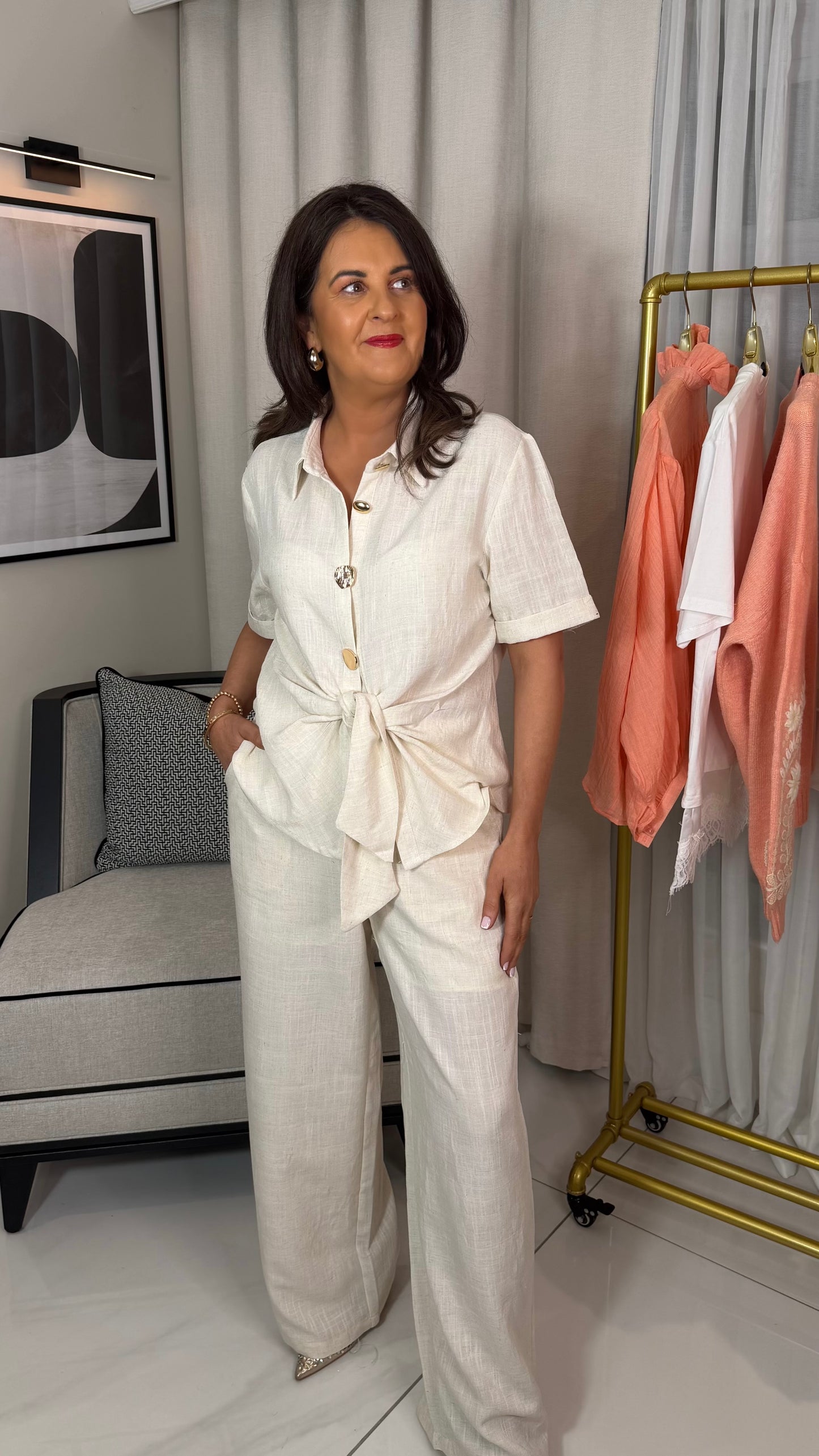 Tie-Detail Cream Linen-Blend Shirt