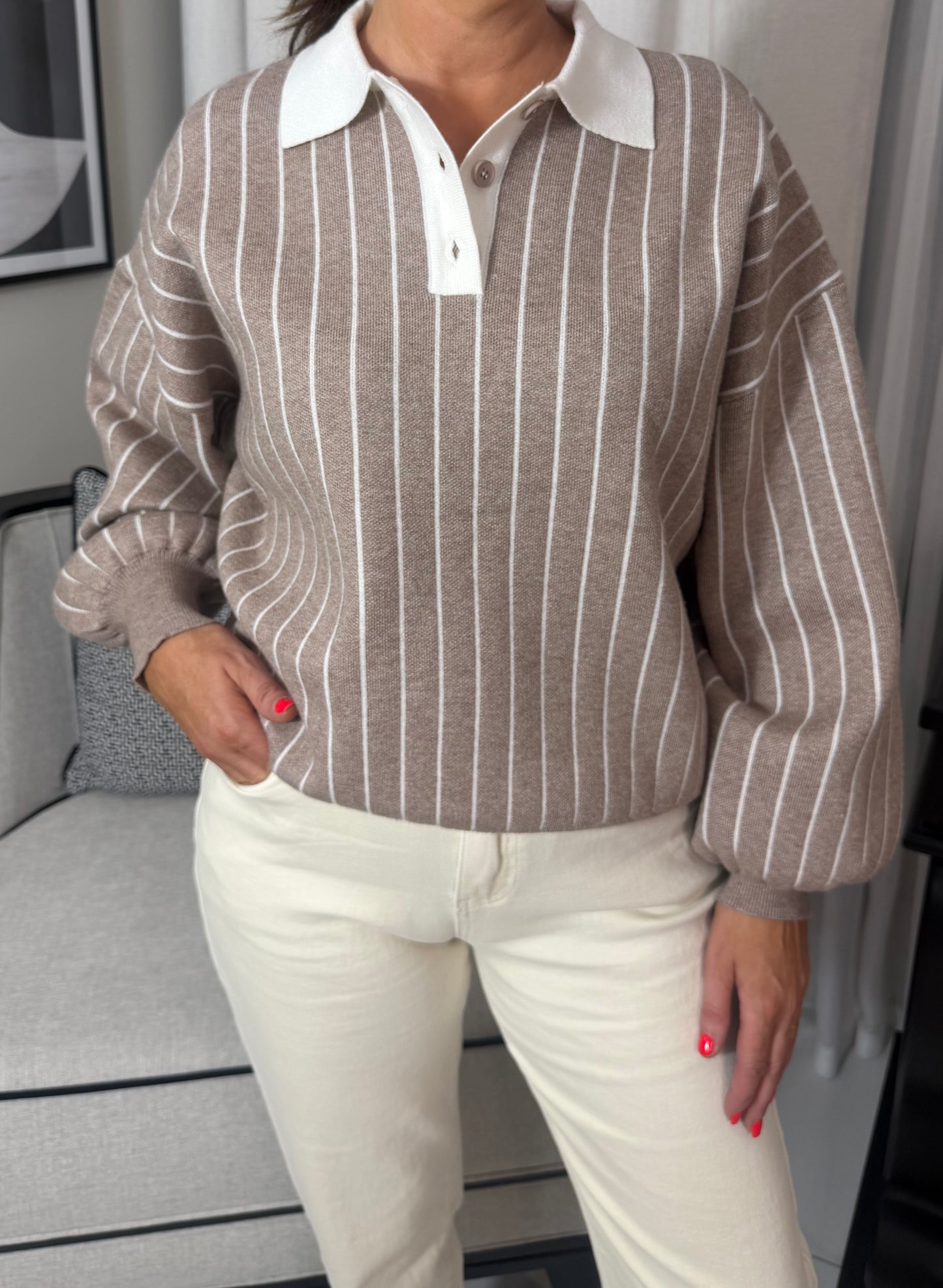 Beige Striped Polo Sweater