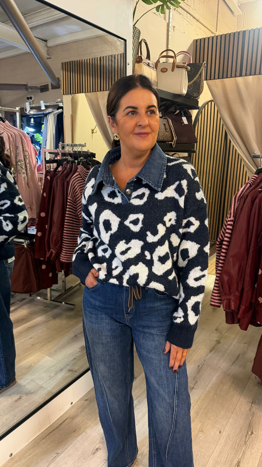 Navy Leopard Sweater with Denim Collar