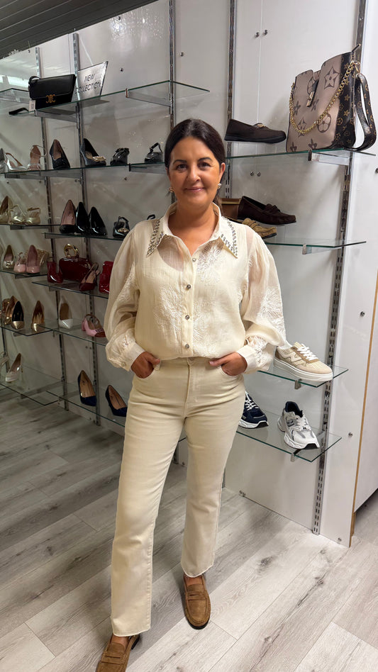 Cream Sheer Embellished Blouse