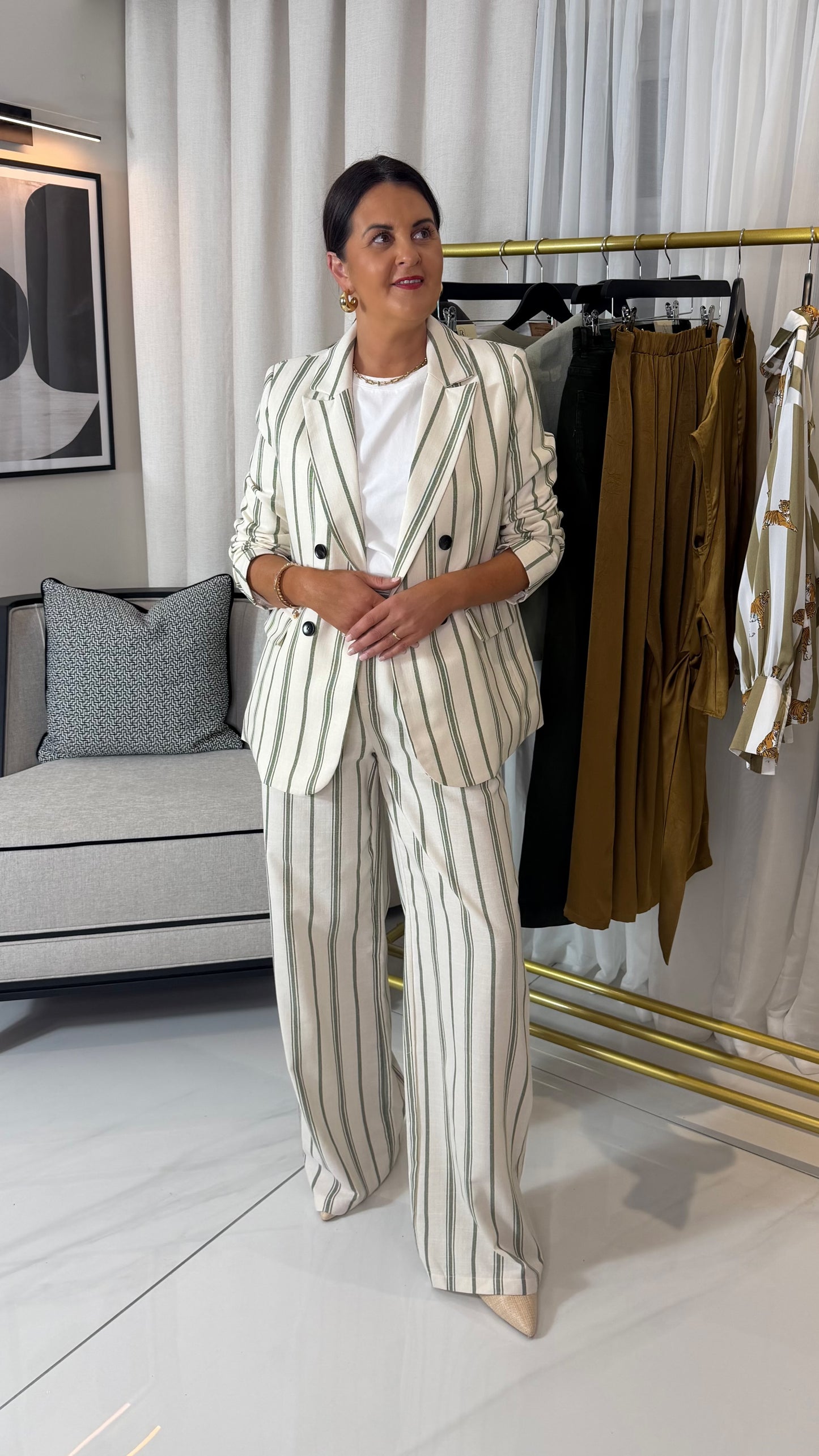 Green Striped Linen-Blend Trousers