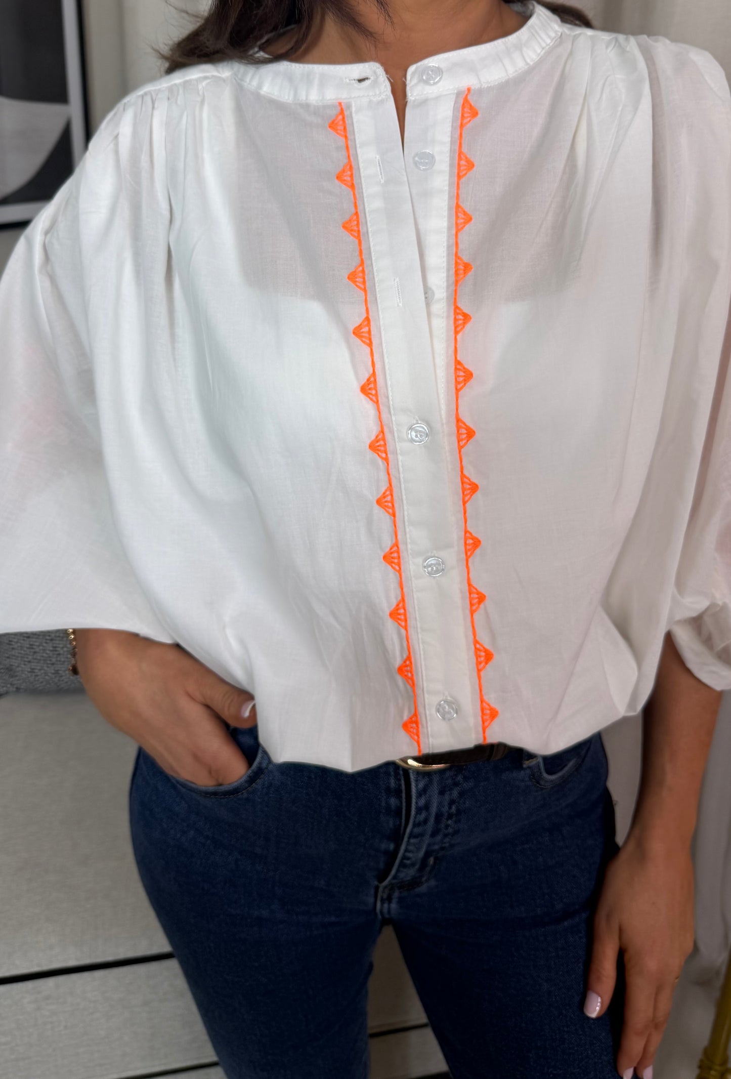White Oversized Blouse with Orange Details