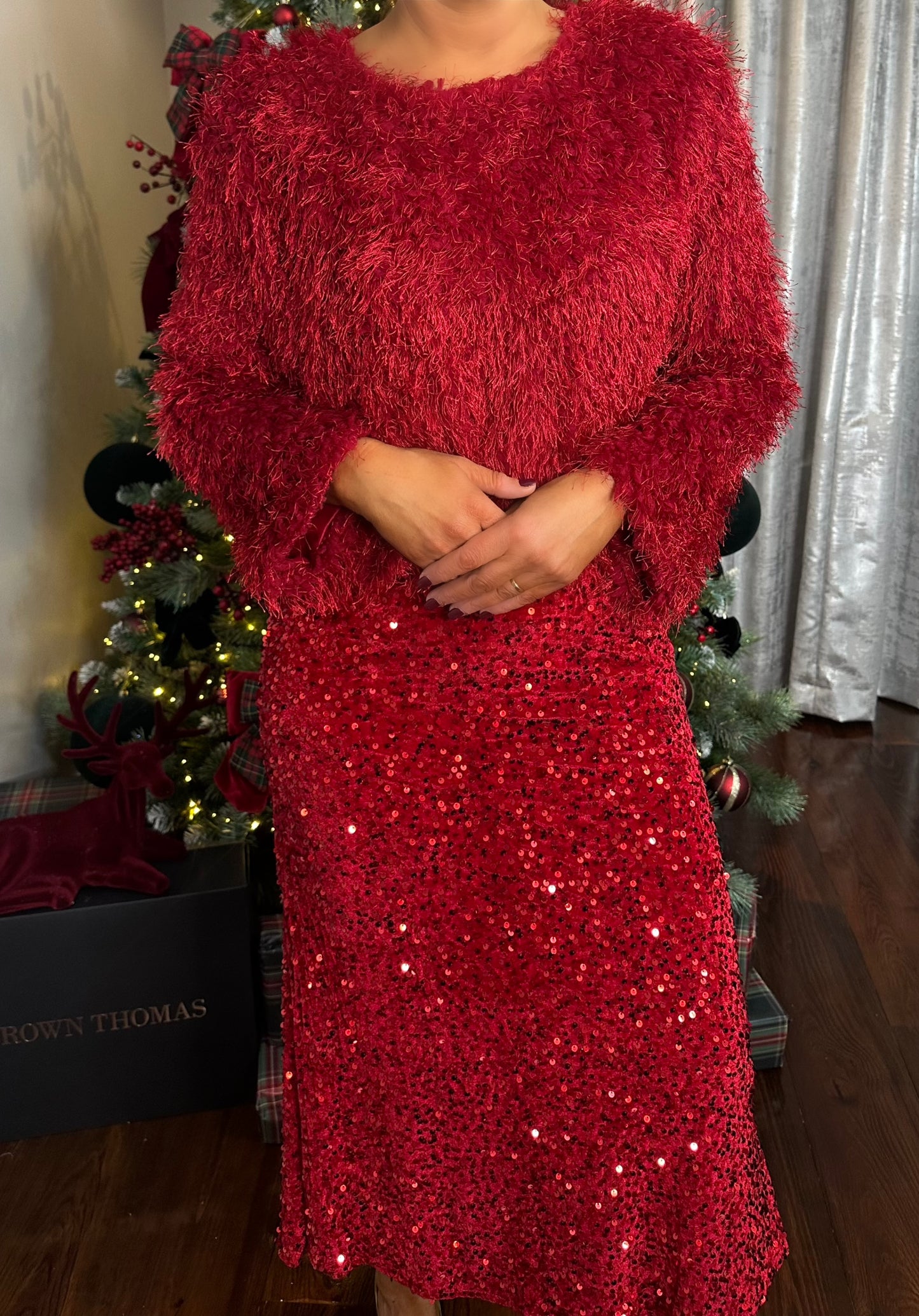 Red Sequin Midi Skirt