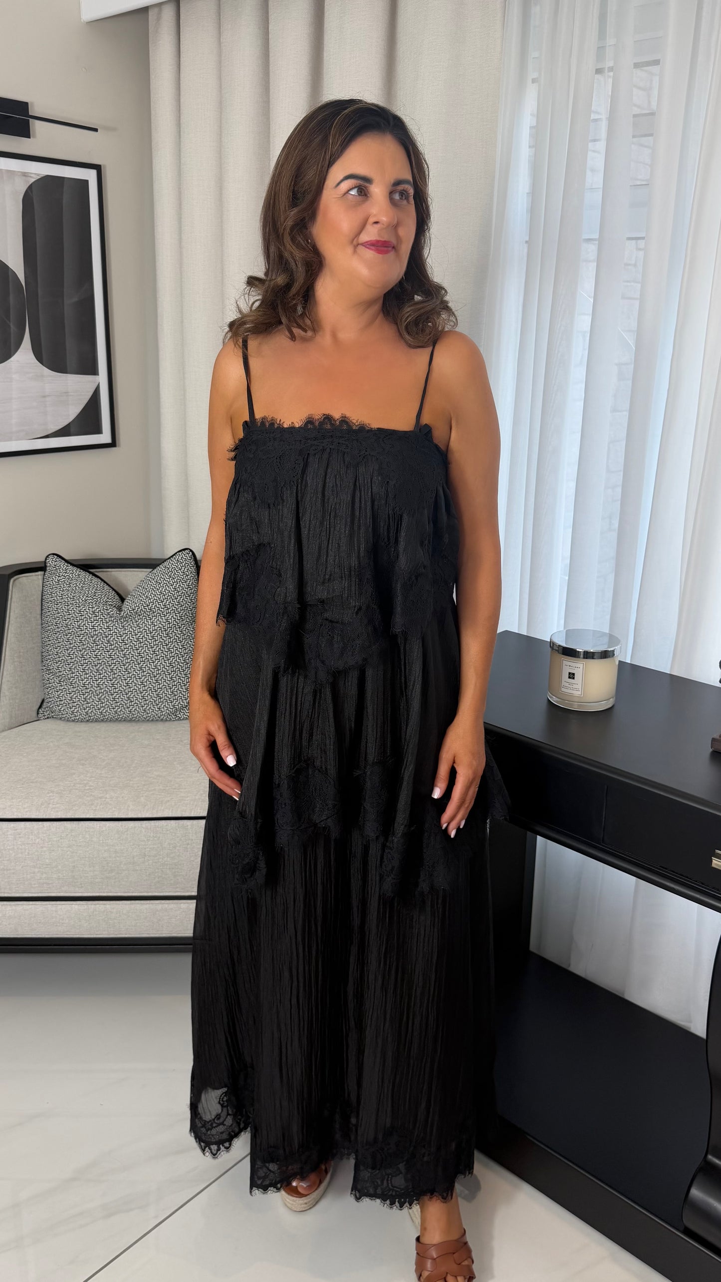 Lace Trim Black Tiered Dress