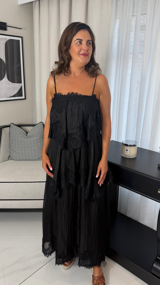 Lace Trim Black Tiered Dress