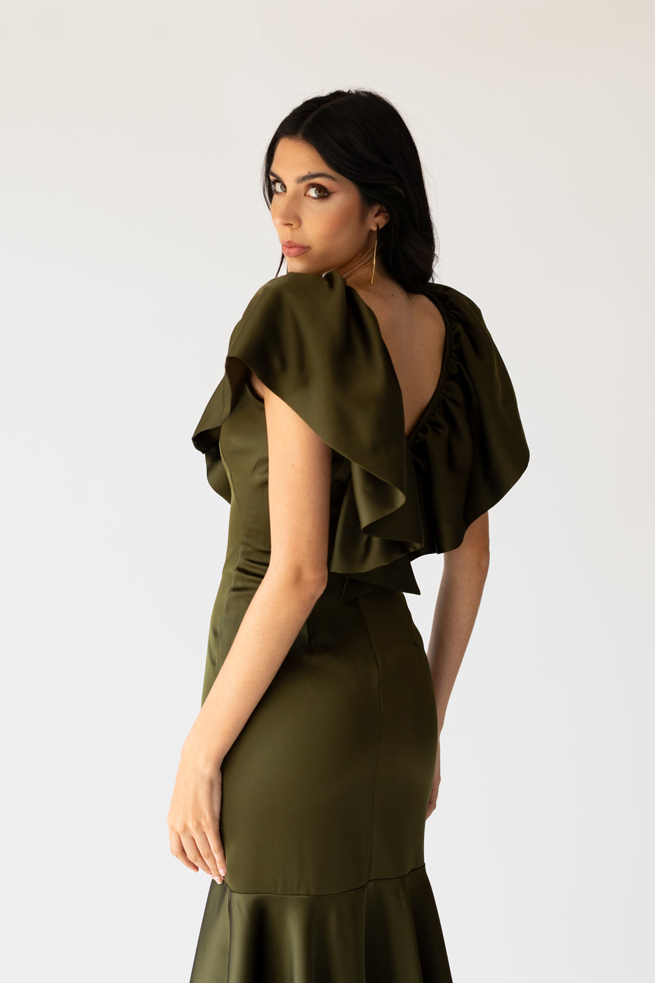 Noelle Khaki Satin Ruffle Dress
