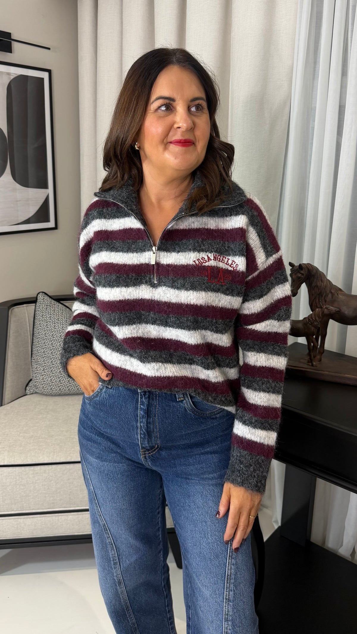 Wine/Grey/White Striped Half Zip Knit