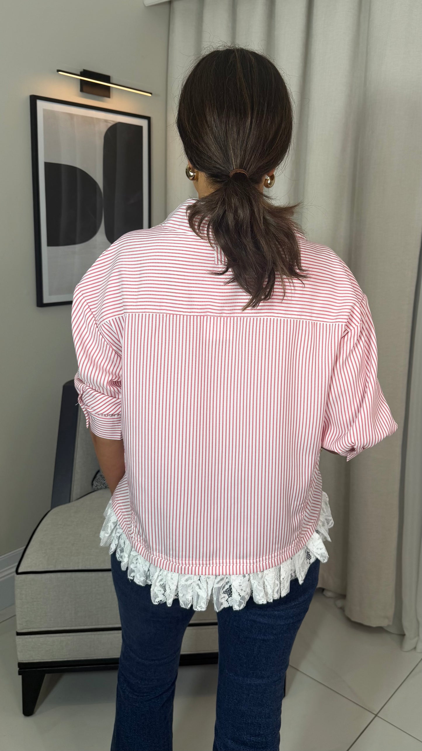 Red Oversized Lace Trim Shirt