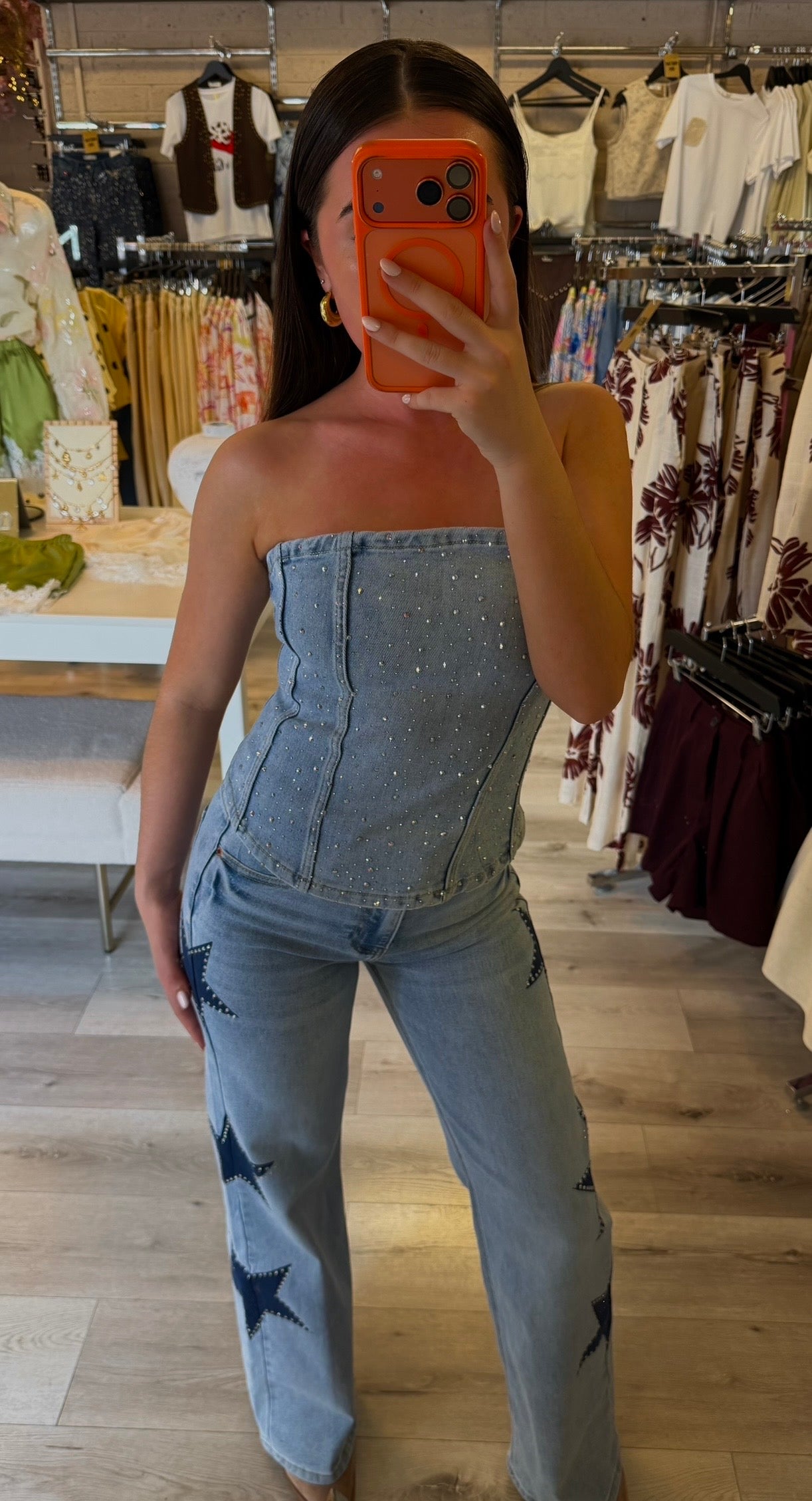 Diamanté Denim Bandeau Top