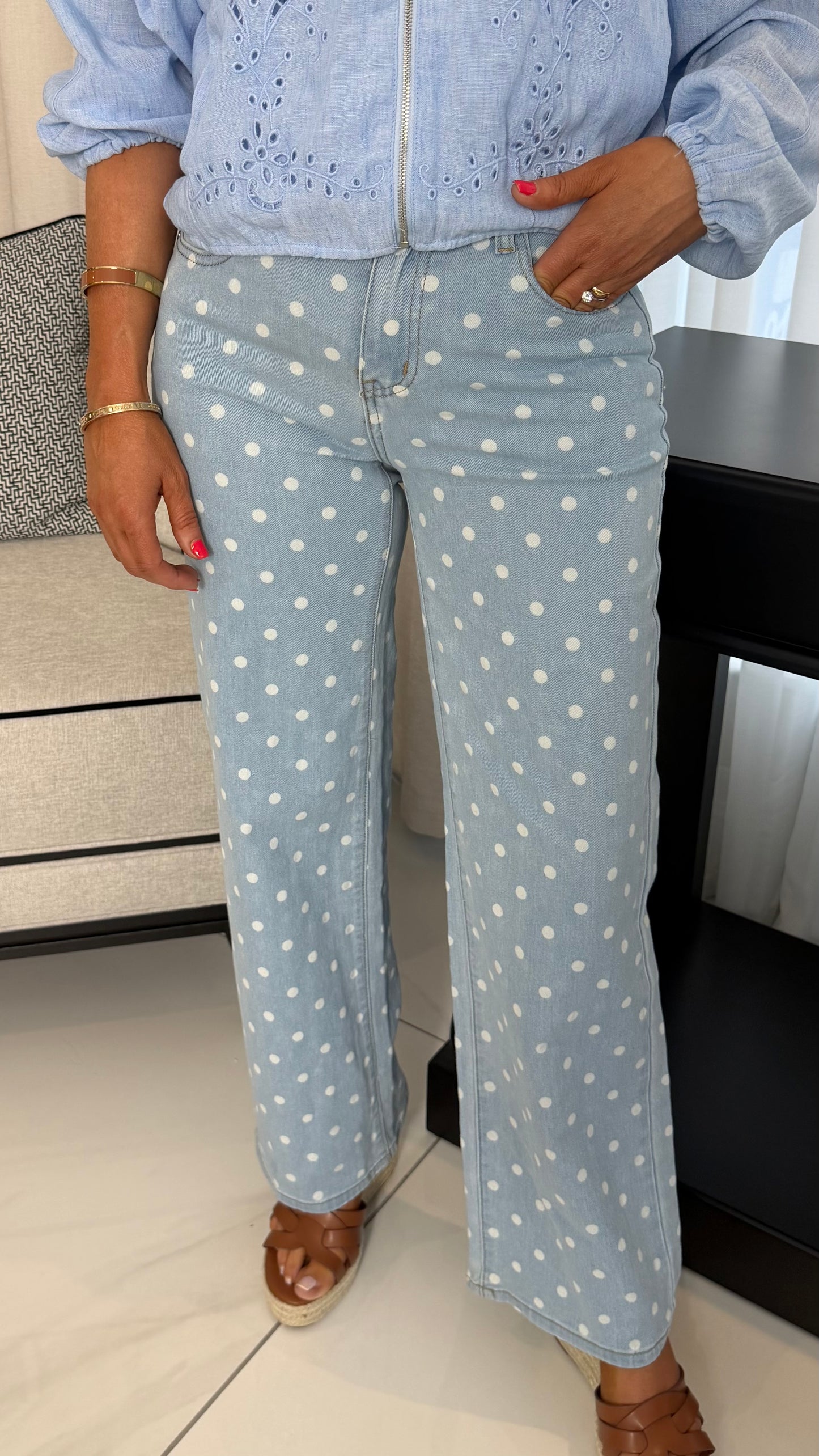 Polka Dot Wide-Leg Full Length Jeans