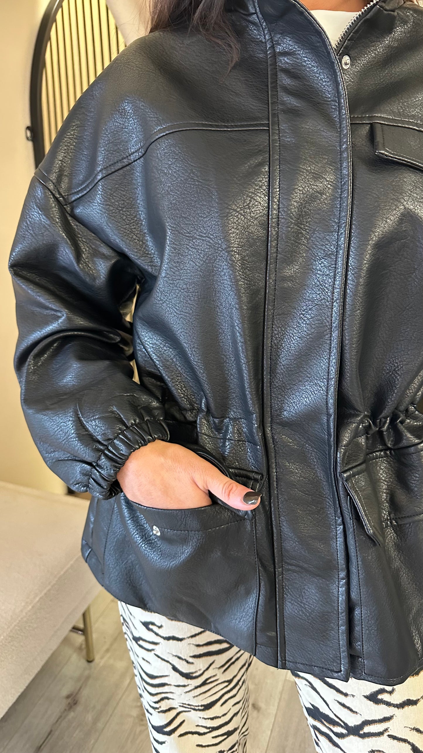 Black Leatherette Funnel-Neck Jacket