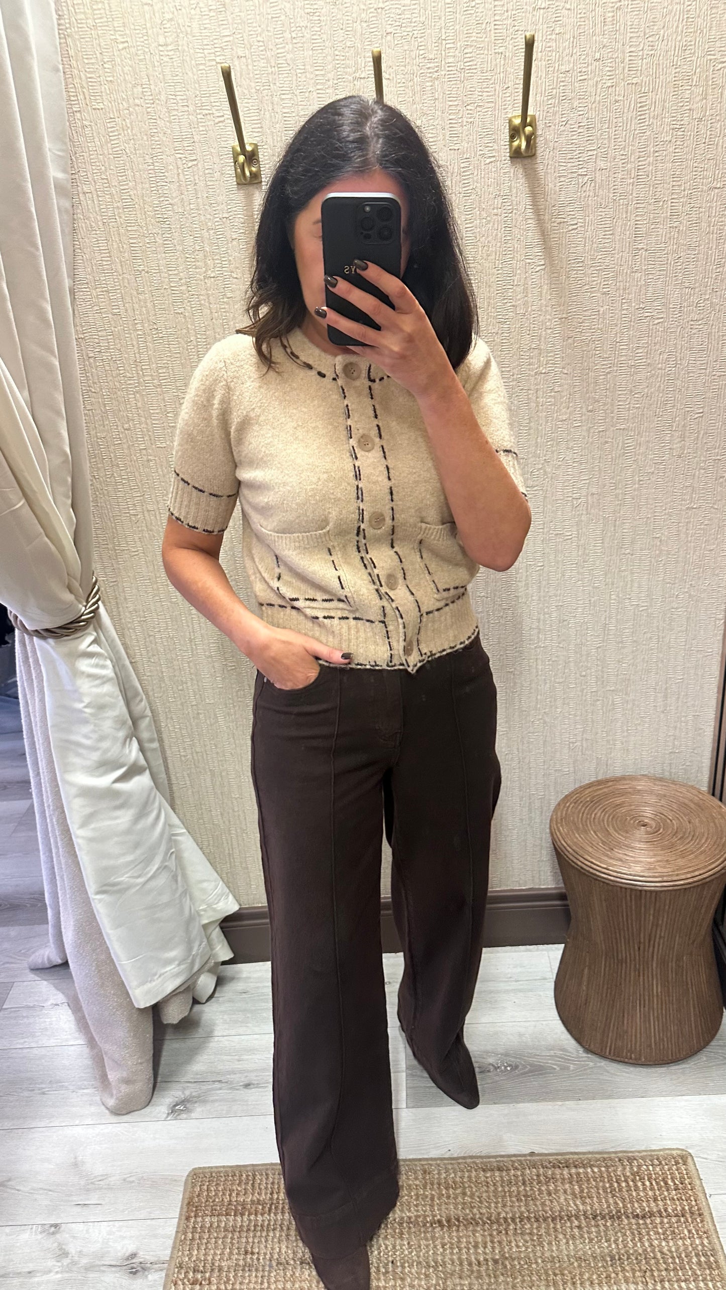 Beige Knit with Brown Stitching