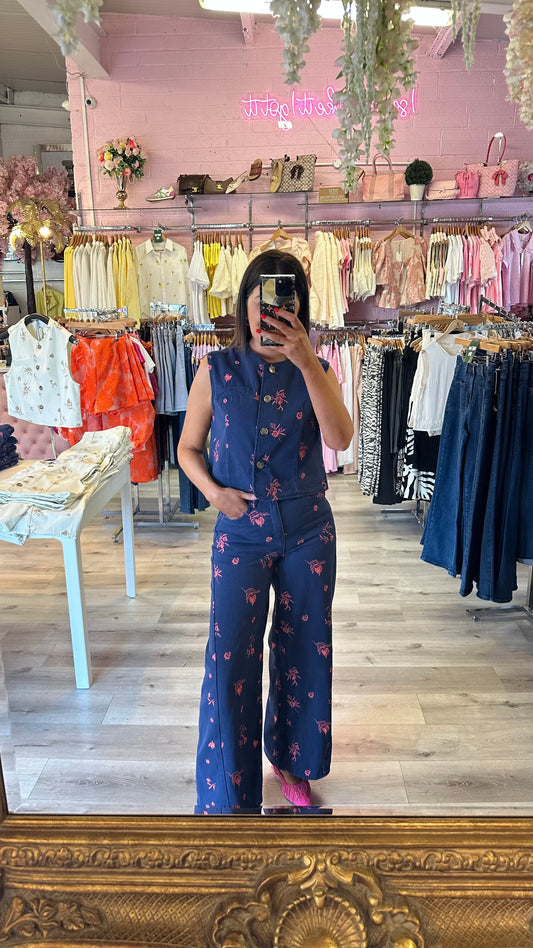 Navy & Pink Wide-leg Jeans
