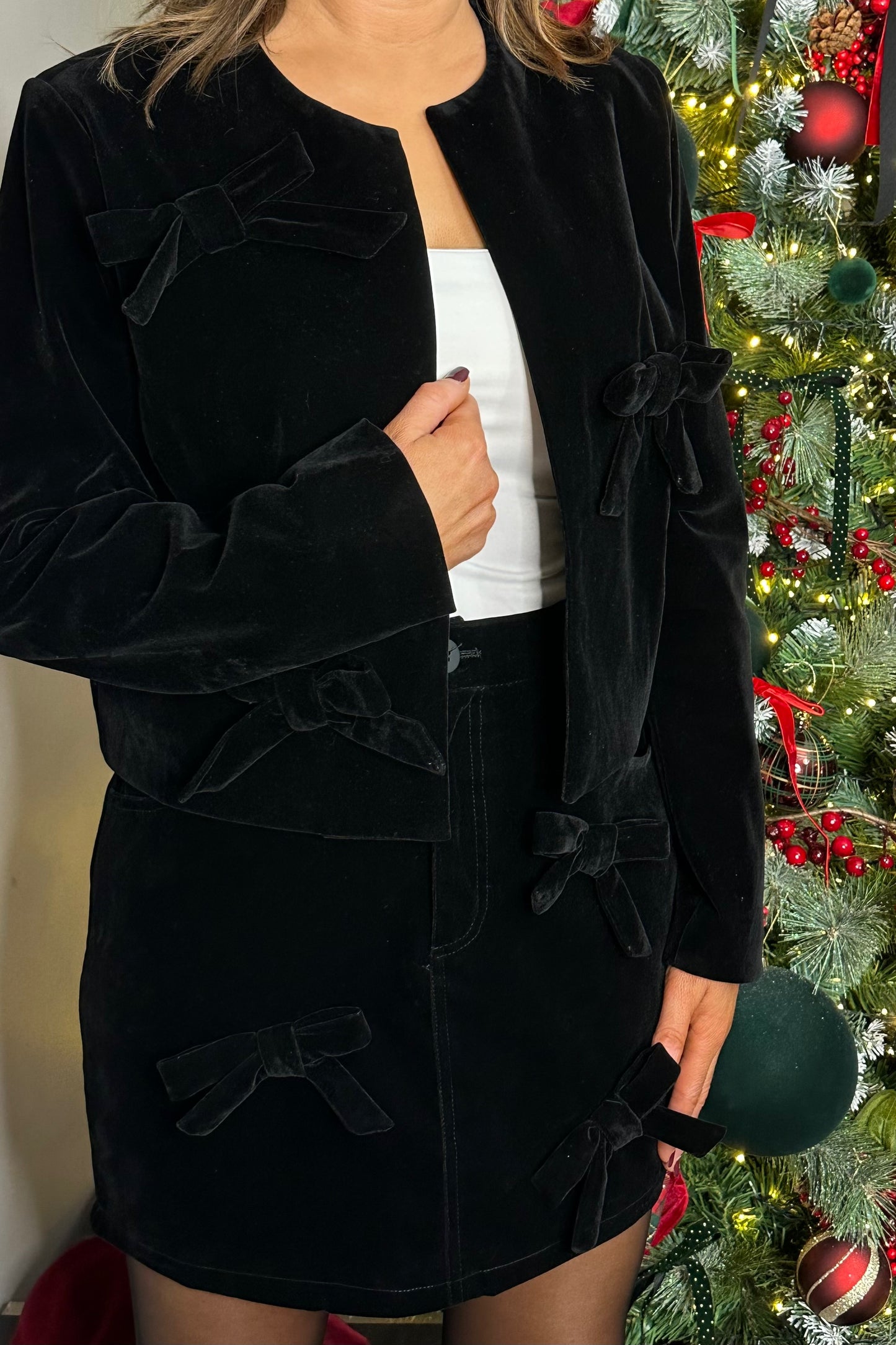 Black Velvet Bow Cropped Blazer