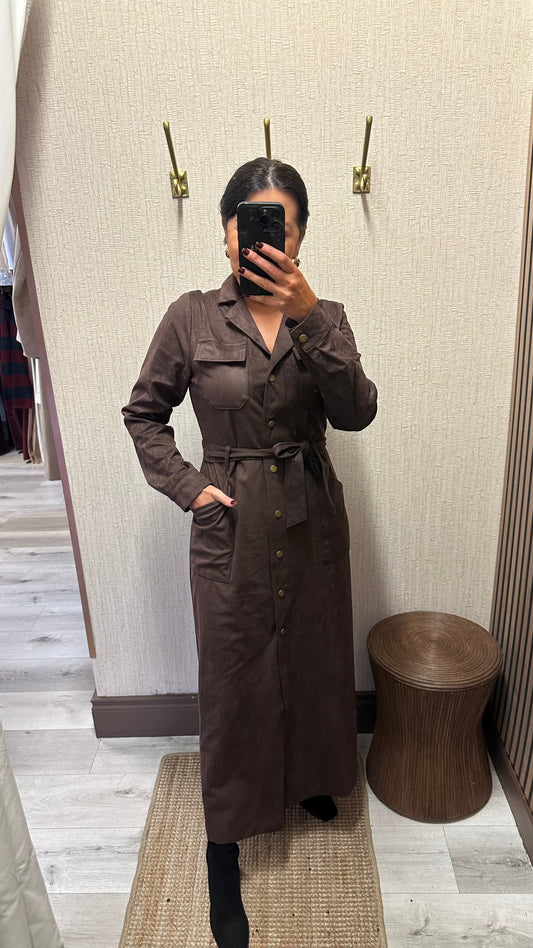 Chocolate Faux Suede Belted Dress