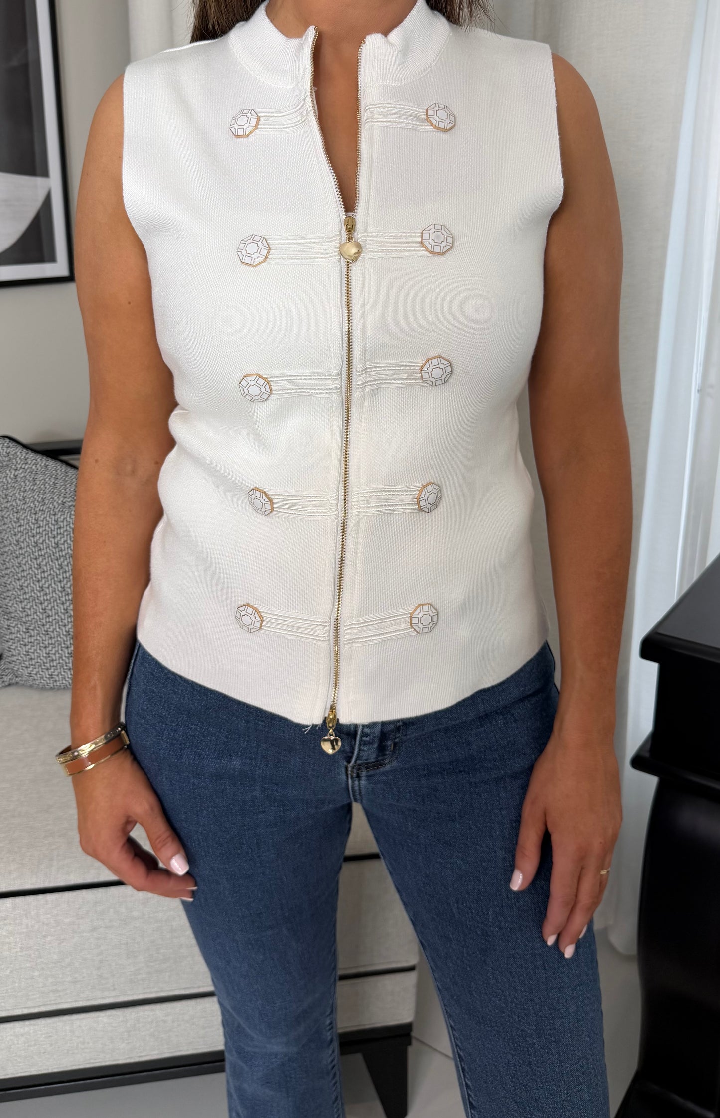 White Button Detail Knit Zip