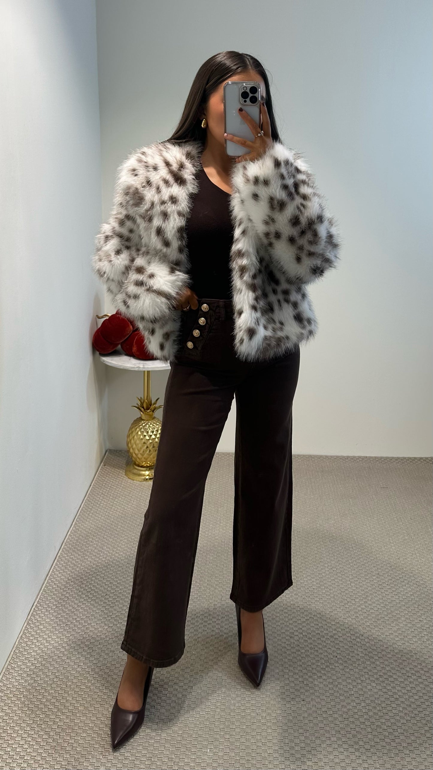 Leopard White Faux Fur Coat