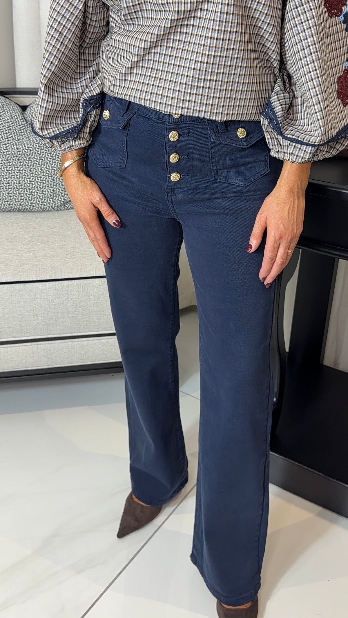 Navy Gold Button Jeans