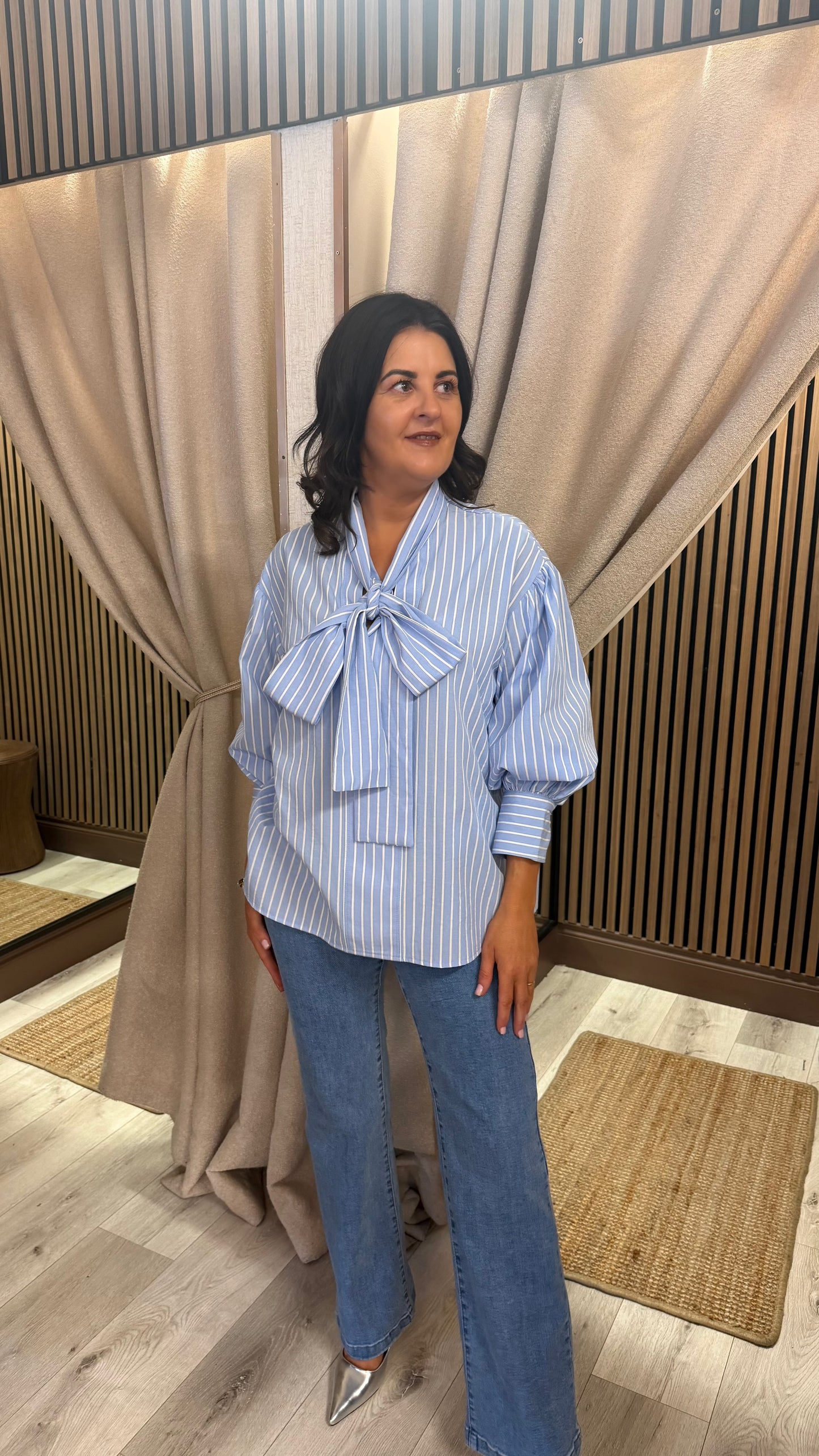 Blue Pinstripe Tie Bow Shirt