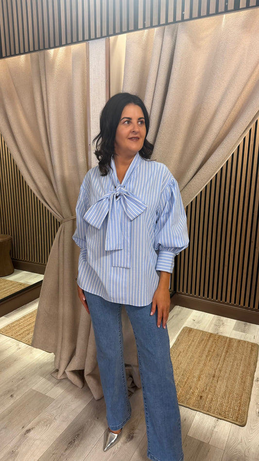 Blue Pinstripe Tie Bow Shirt