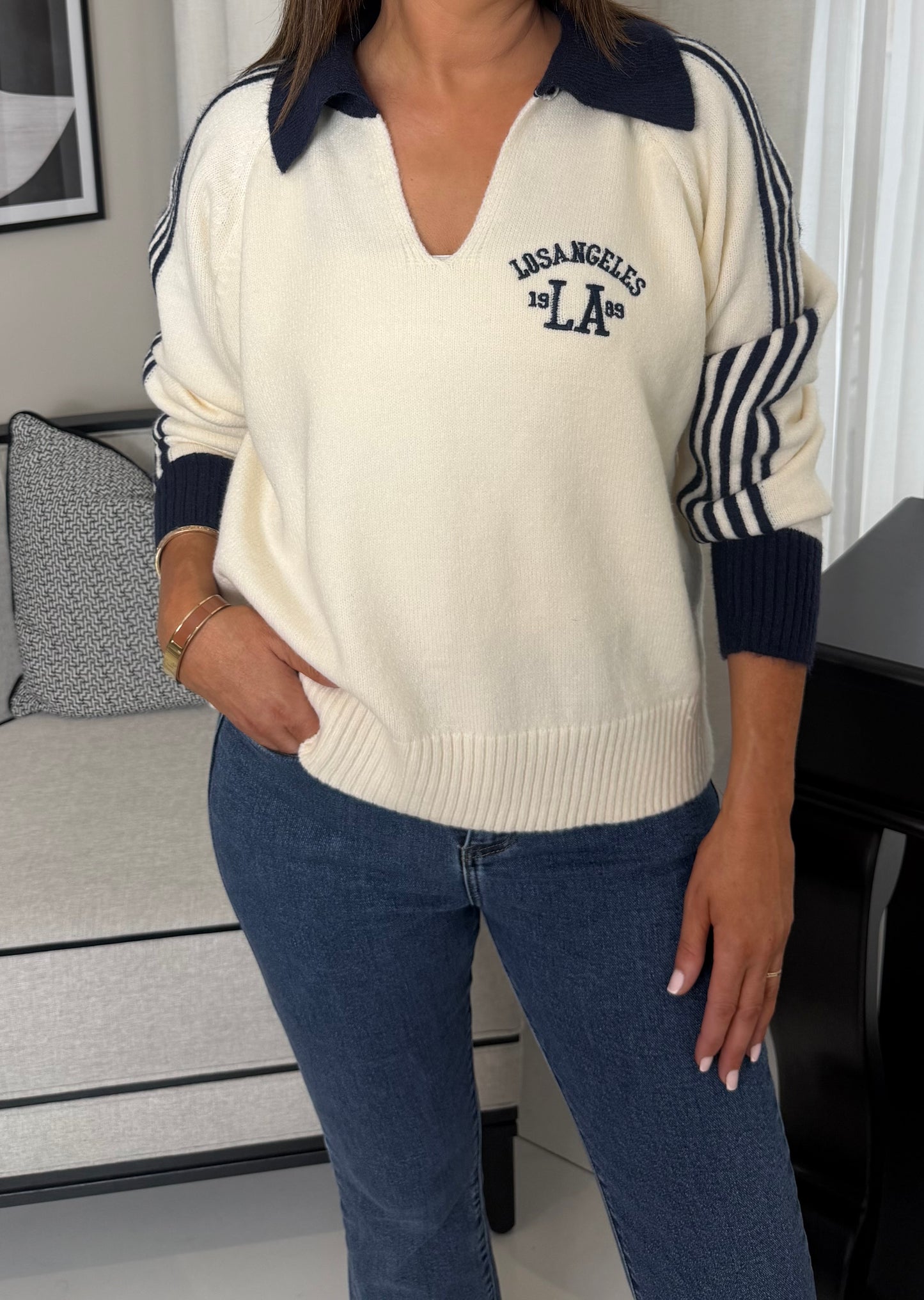 Cream & Navy Polo Knit