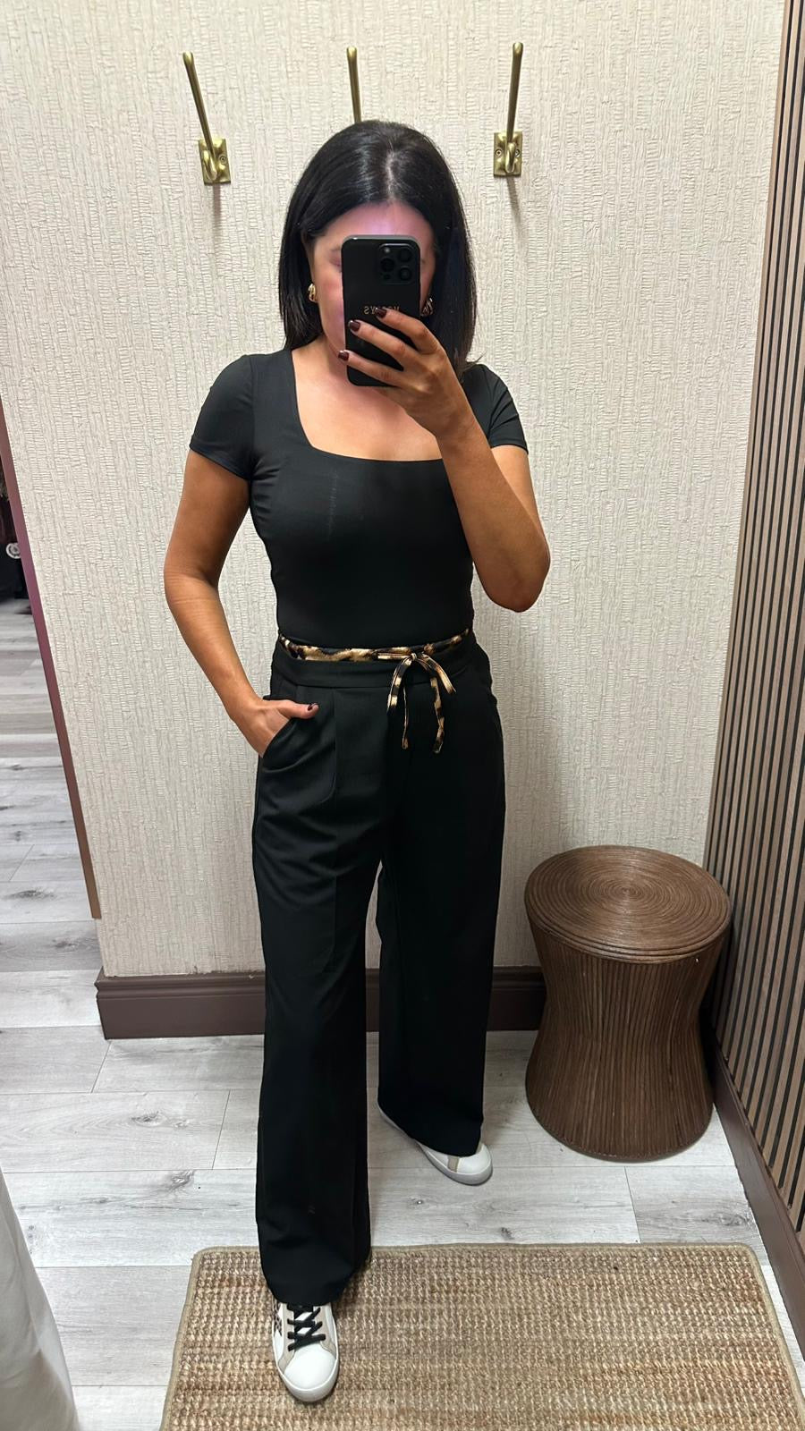 Black Wide-Leg Bottoms with Leopard Trim