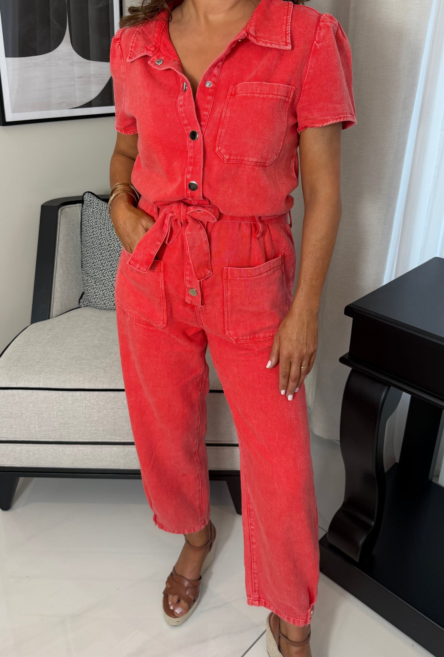 Red Denim Jumpsuit