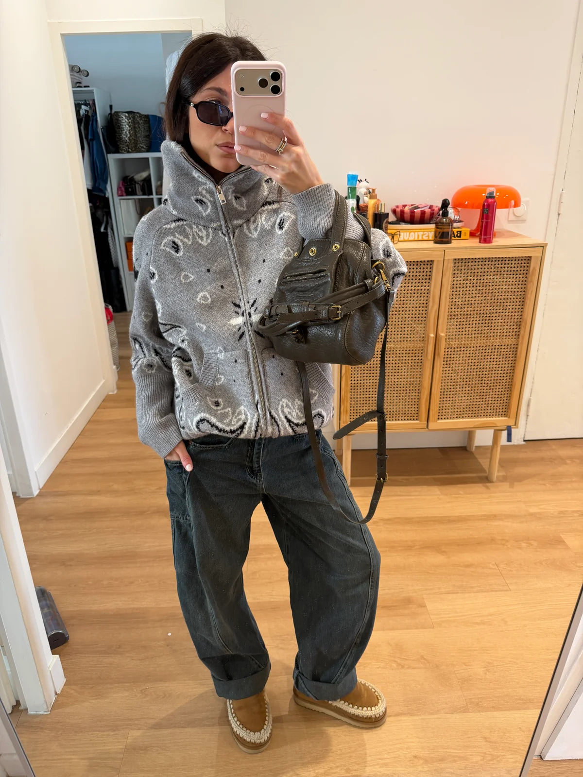 Grey Paisley Zip-Up Knit