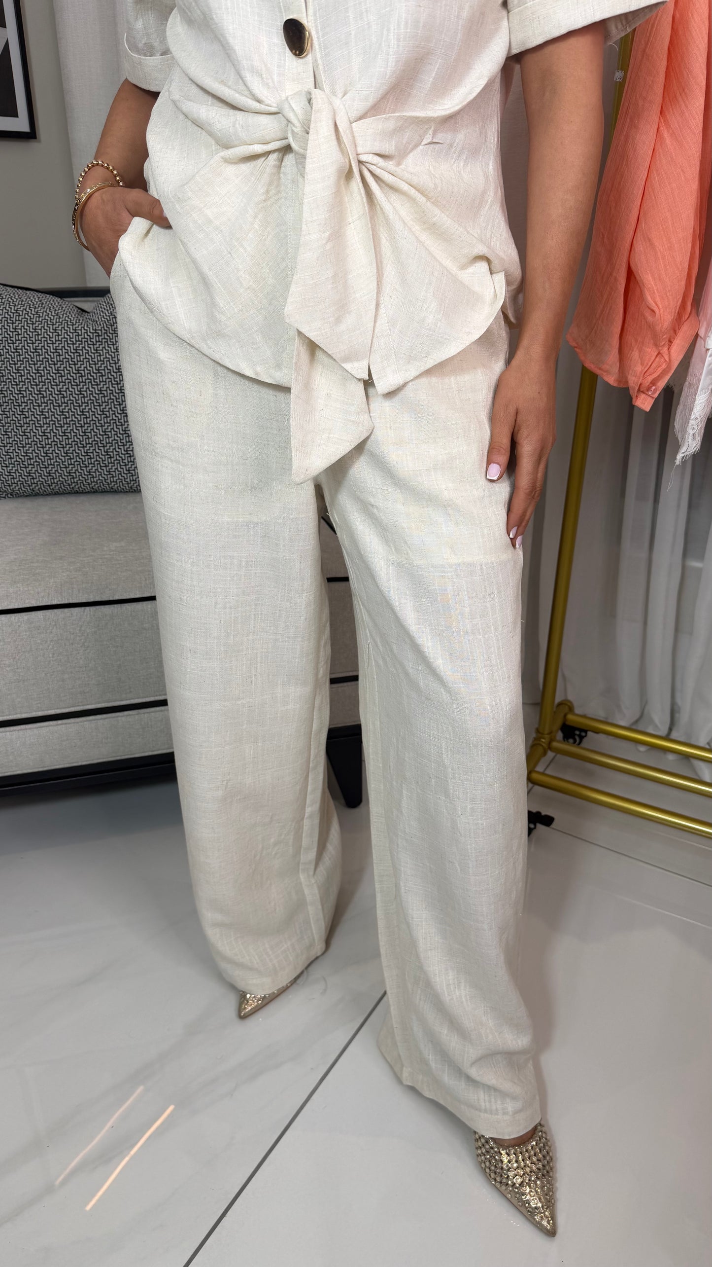 Cream Linen-Blend Trousers