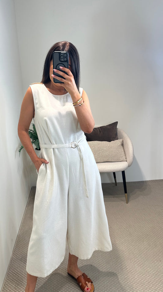 Cream Belted Jumpsuit