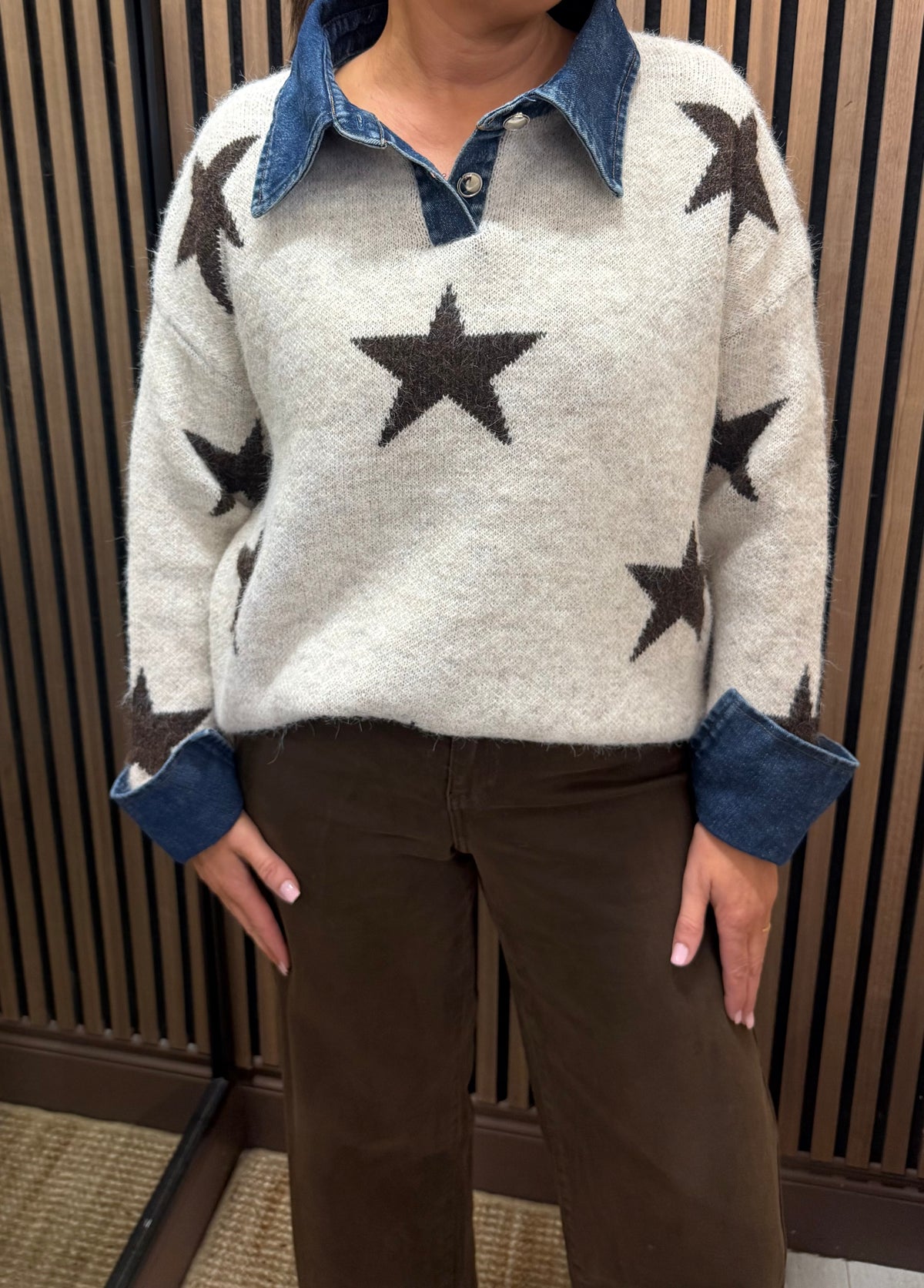 Star Knit Sweater with Denim Details