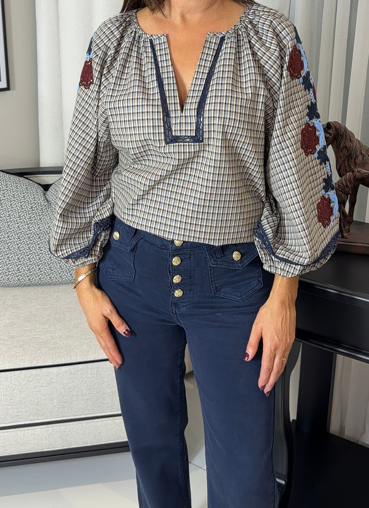 Check Blouse with Embroidery Detail