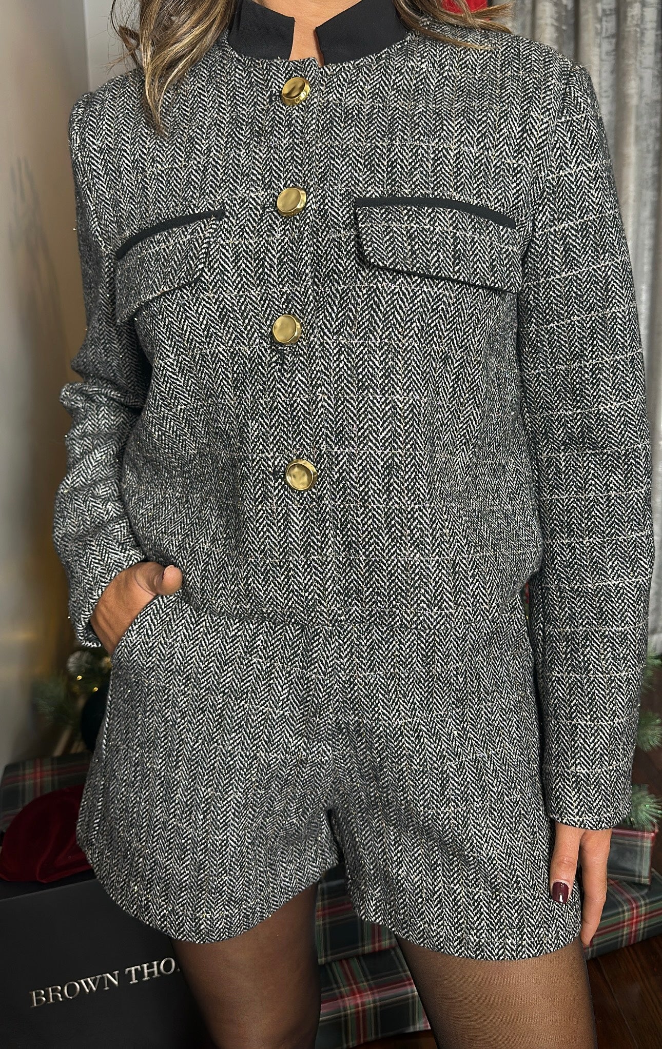 Herringbone Tweed Box Blazer