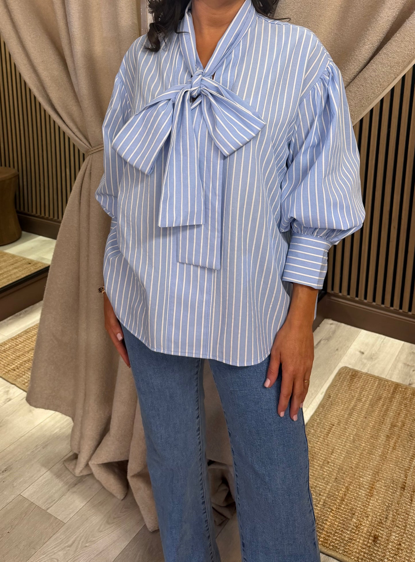 Blue Pinstripe Tie Bow Shirt