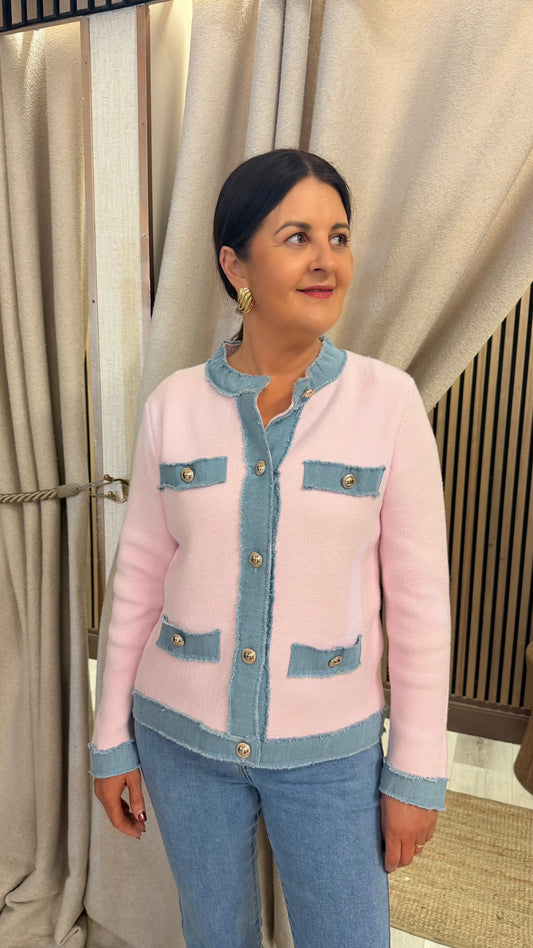 Pink & Denim Trim Cardigan