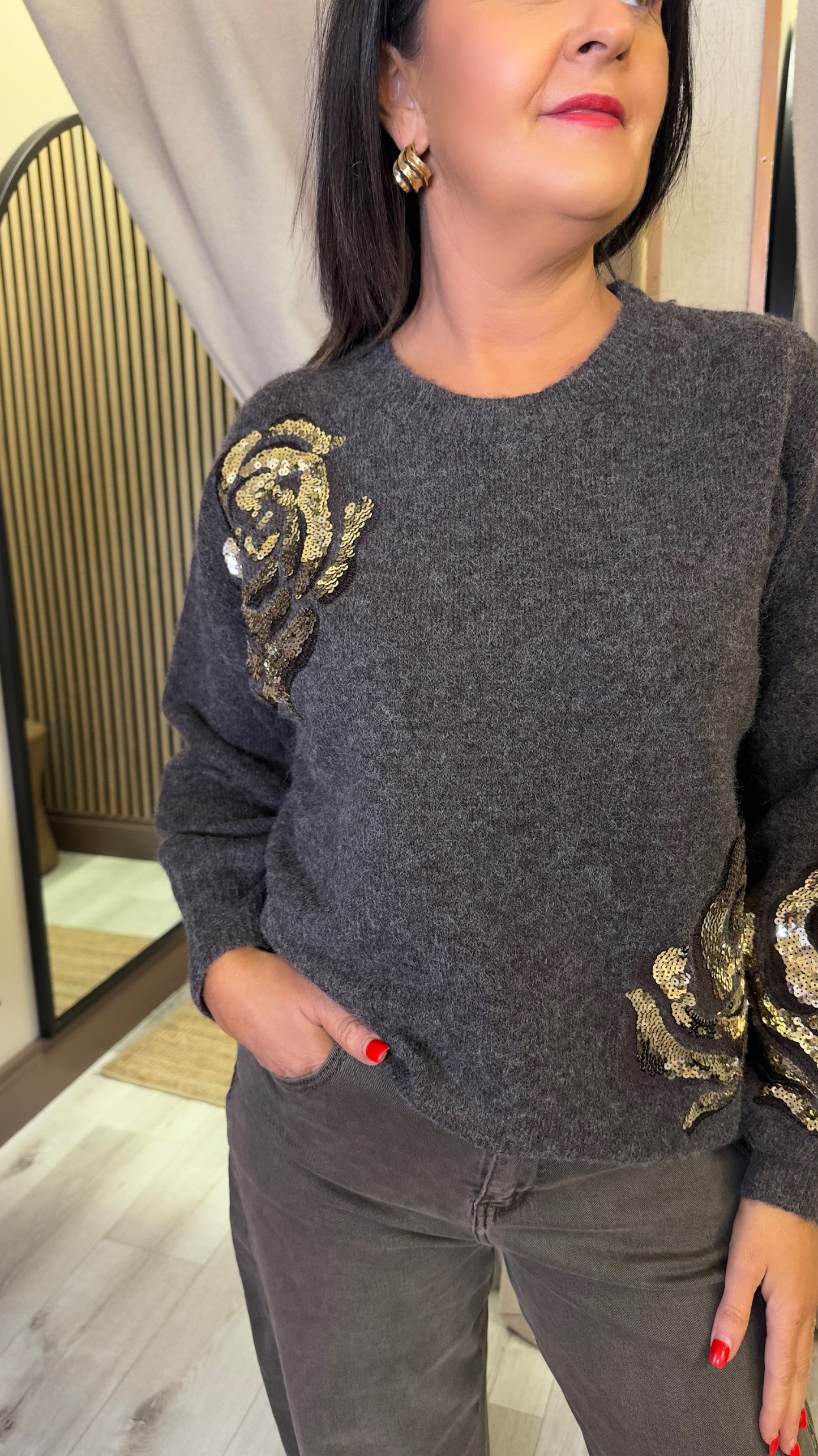 Coffee Jumper with Gold Sequins