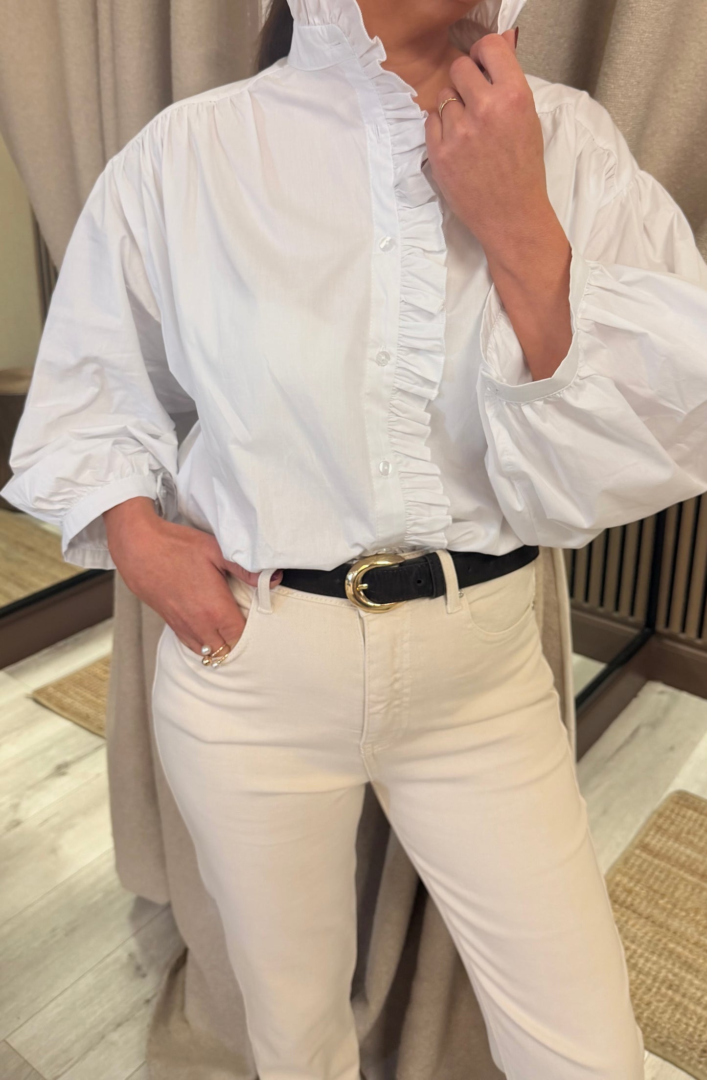 Ruffle Front Oversized Blouse – White