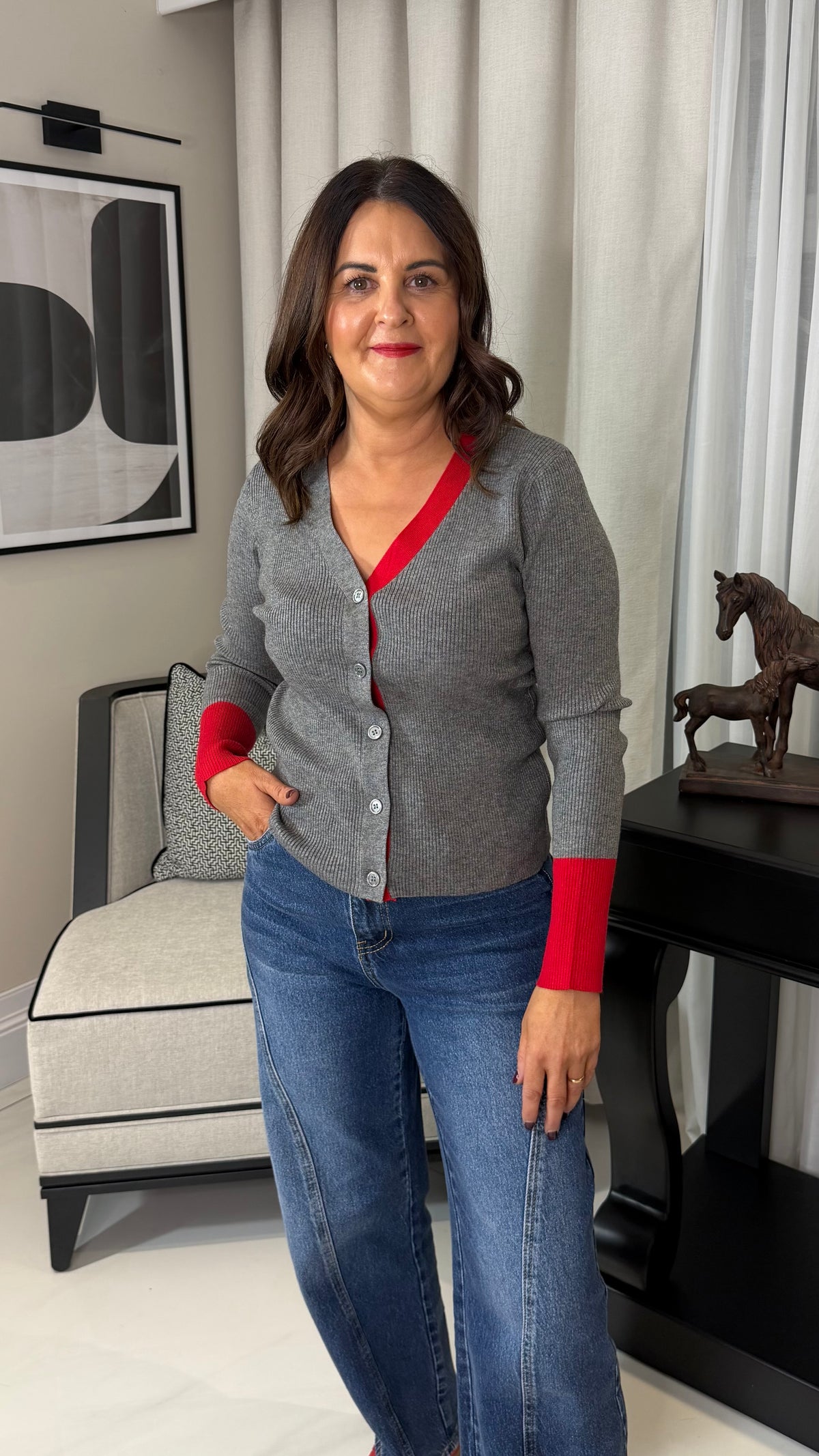 Grey & Red Colour-block Cardigan