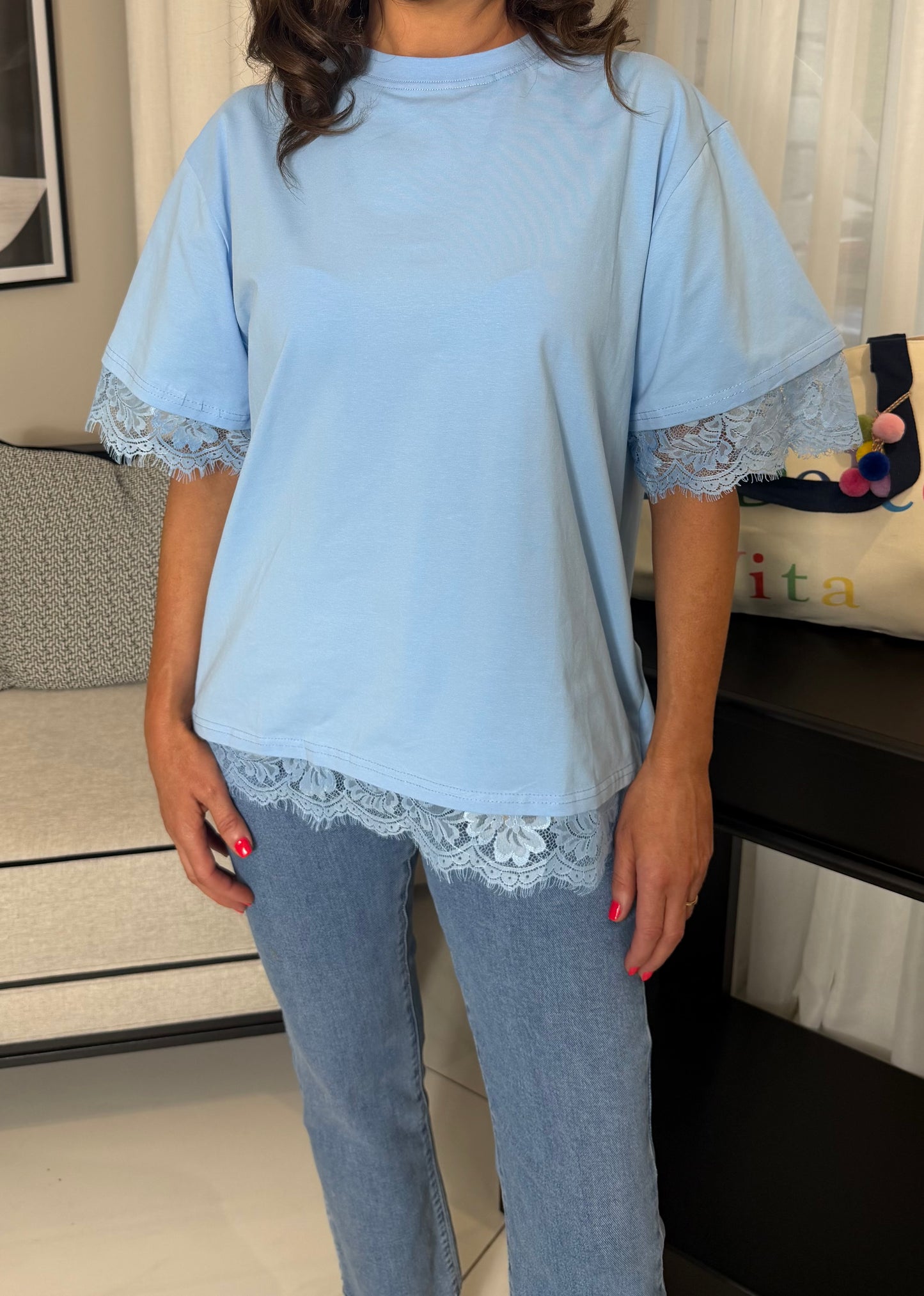 Blue T-Shirt with Lace Trim