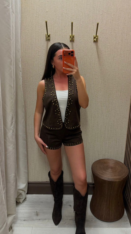Brown Faux Suede Studded Waistcoat