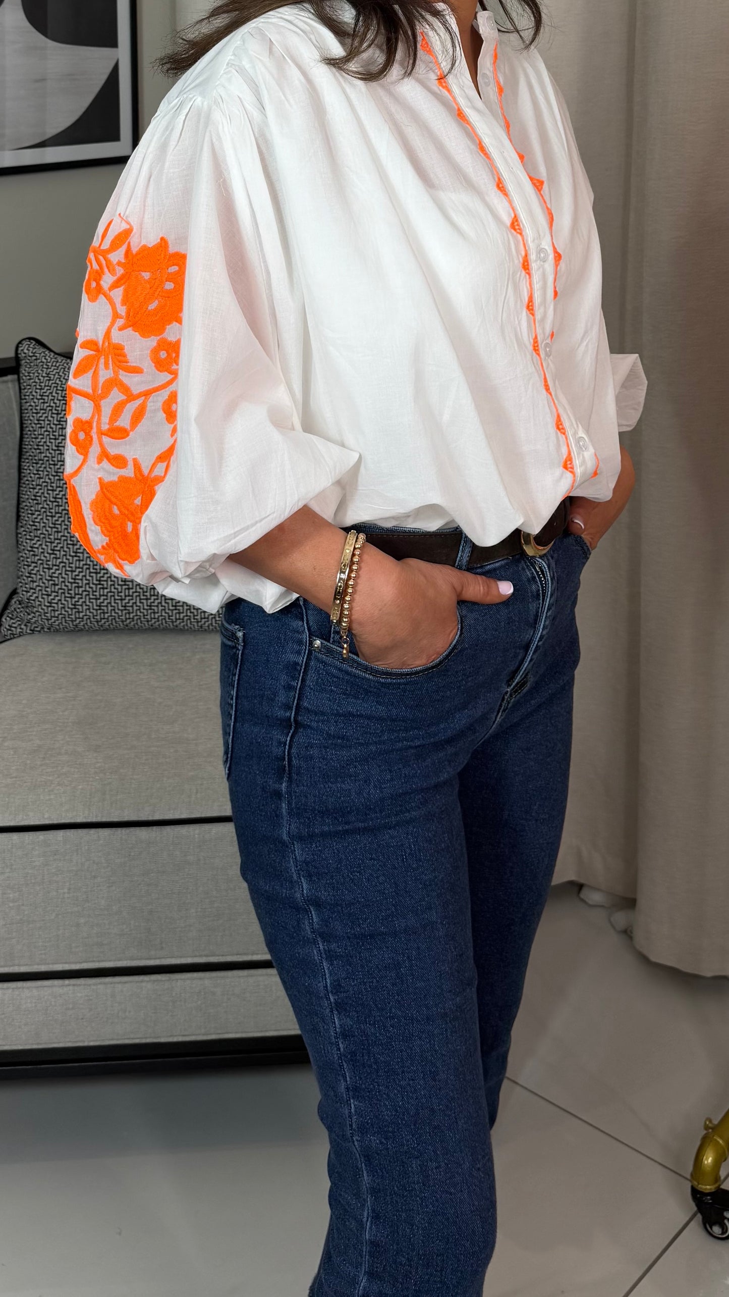 White Oversized Blouse with Orange Details