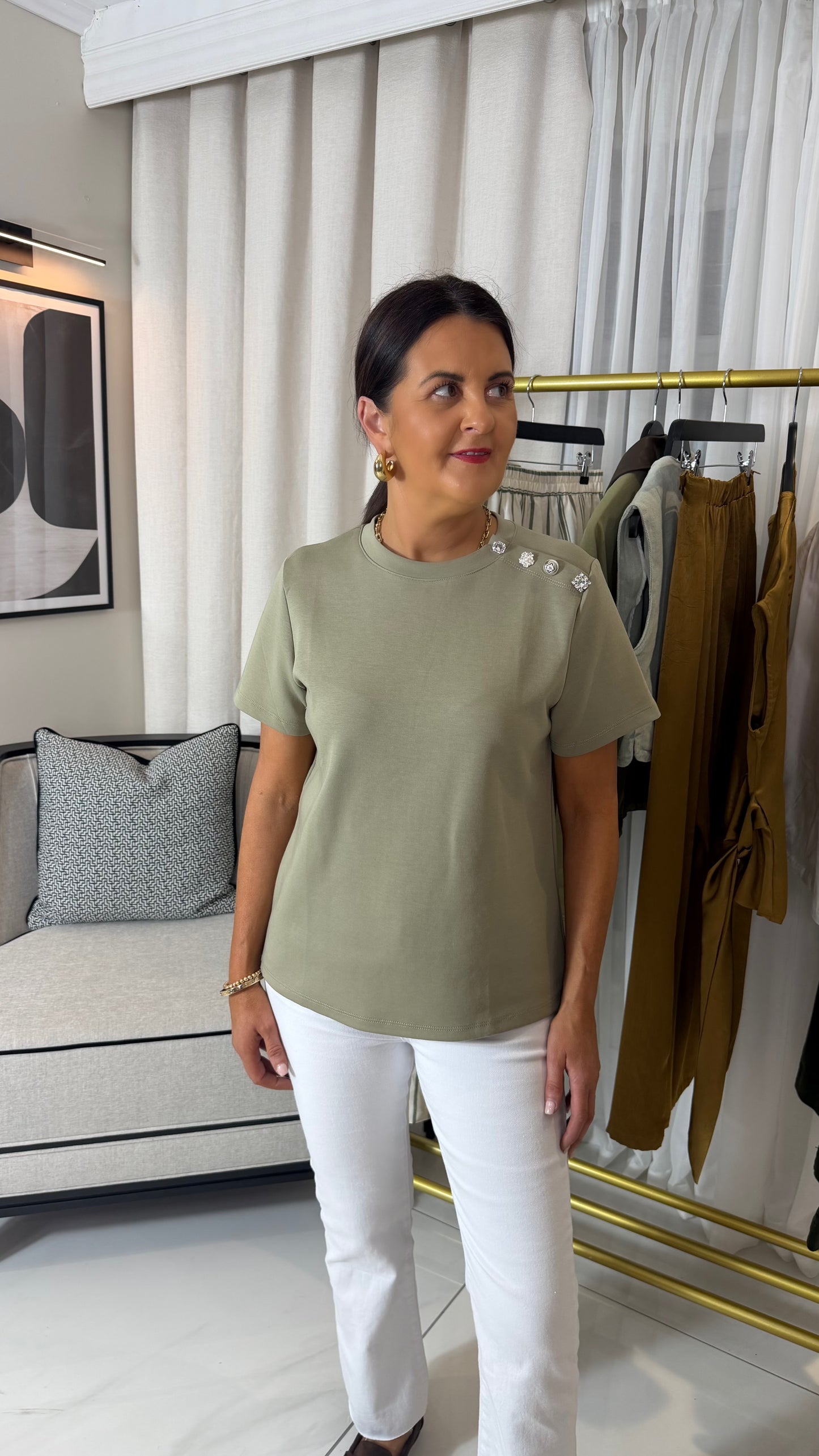 Green Diamantè Button T-Shirt