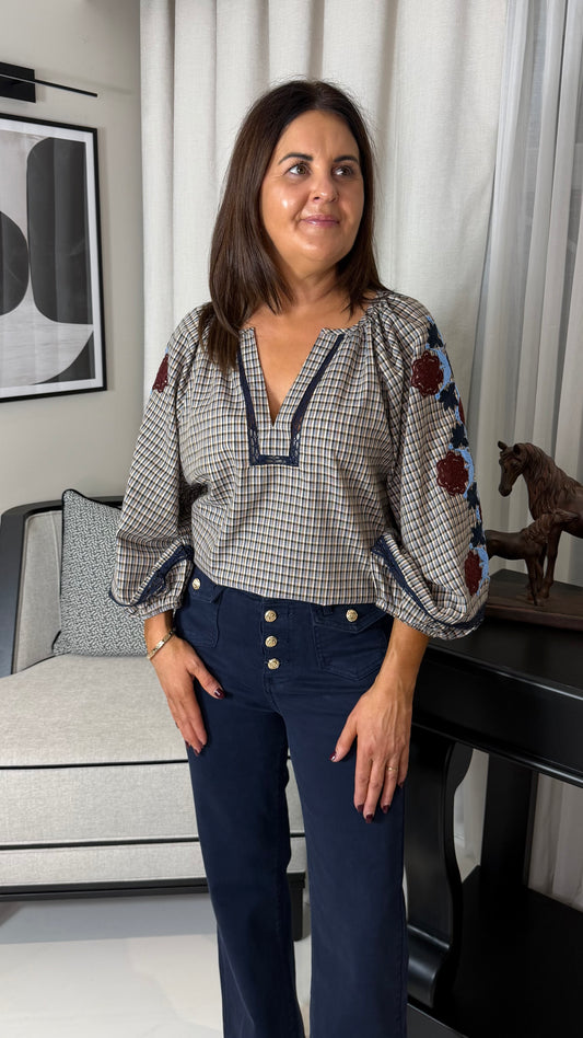 Check Blouse with Embroidery Detail