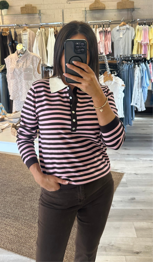 Striped Polo Top- Pink & Brown