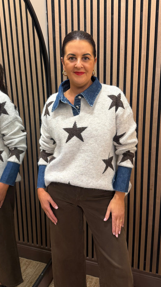 Star Knit Sweater with Denim Details
