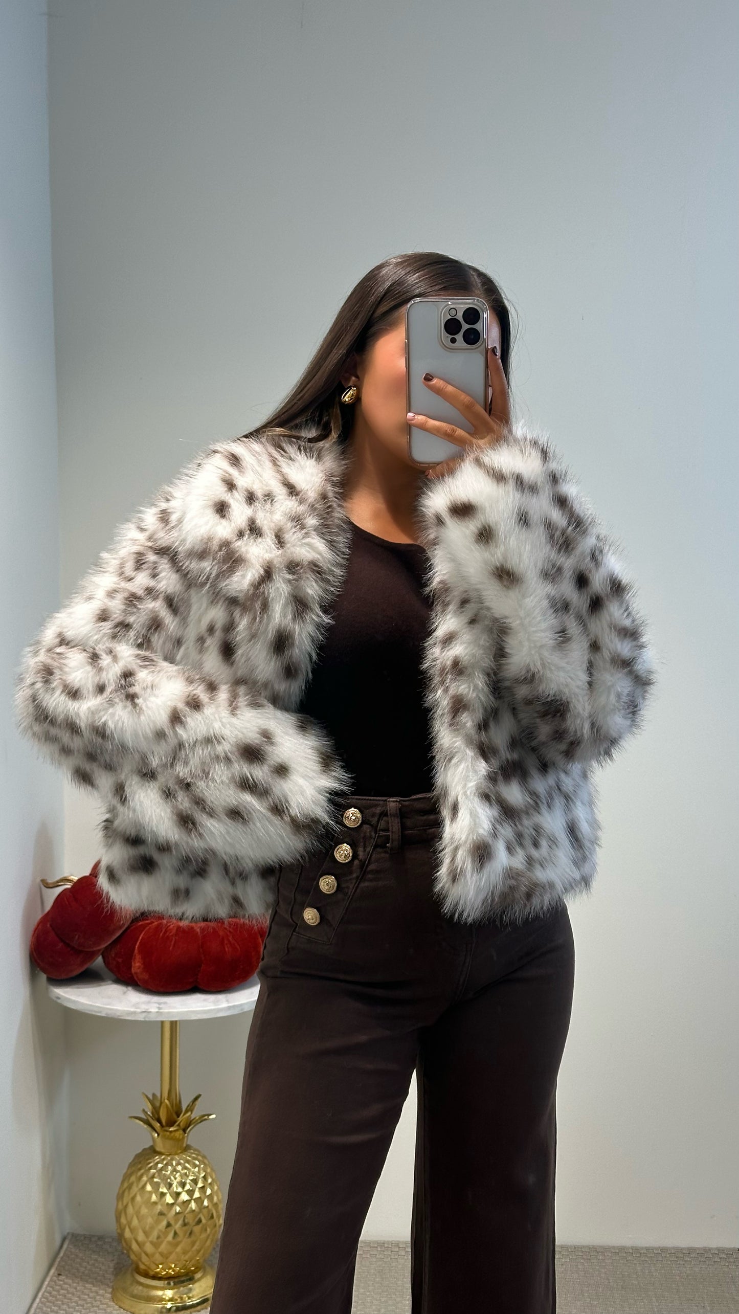 Leopard White Faux Fur Coat