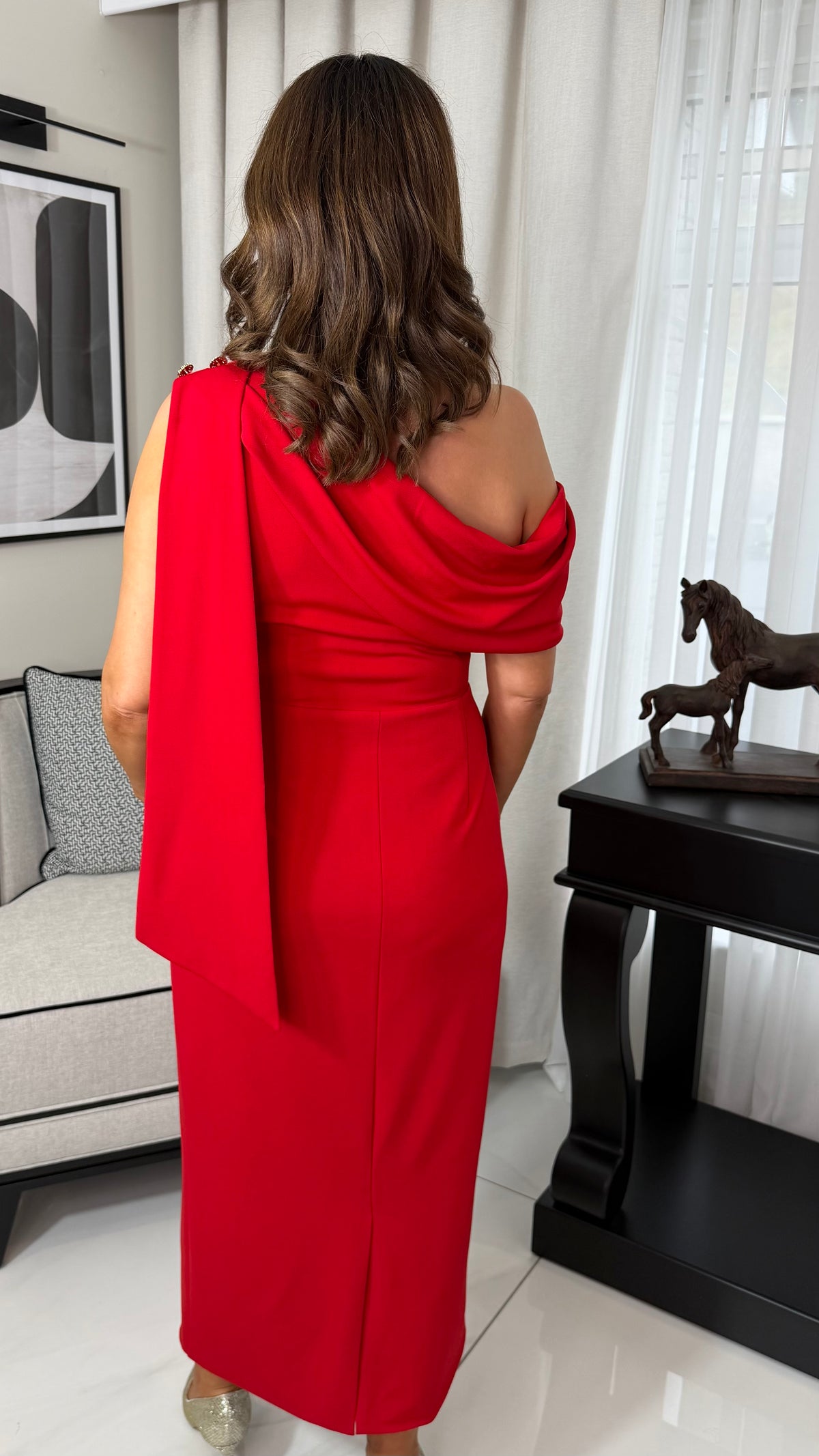 Eleni Drape Midi Dress-Red