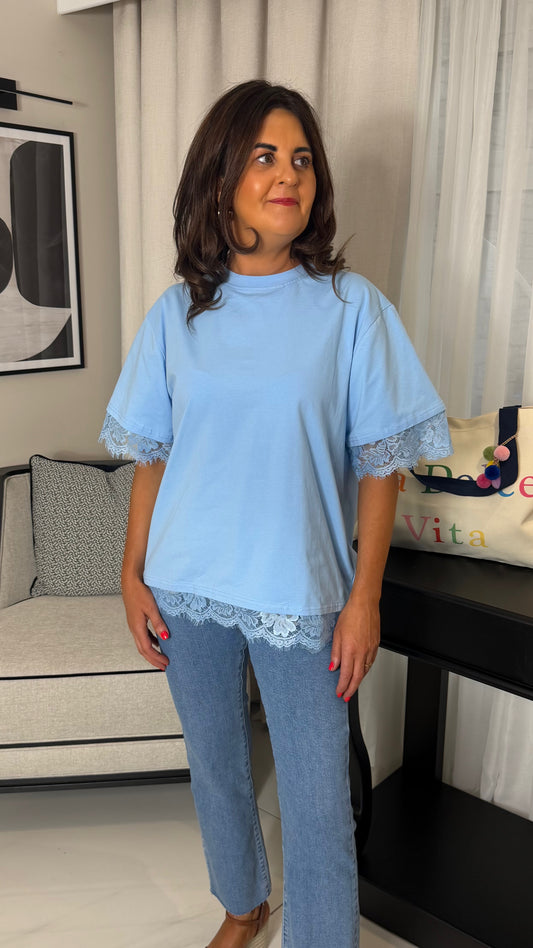 Blue T-Shirt with Lace Trim